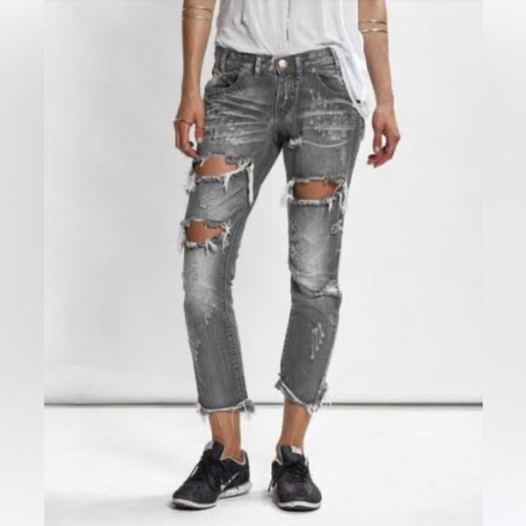 One Teaspoon Trashed Freebirds gray chalk low rise denim jeans 26